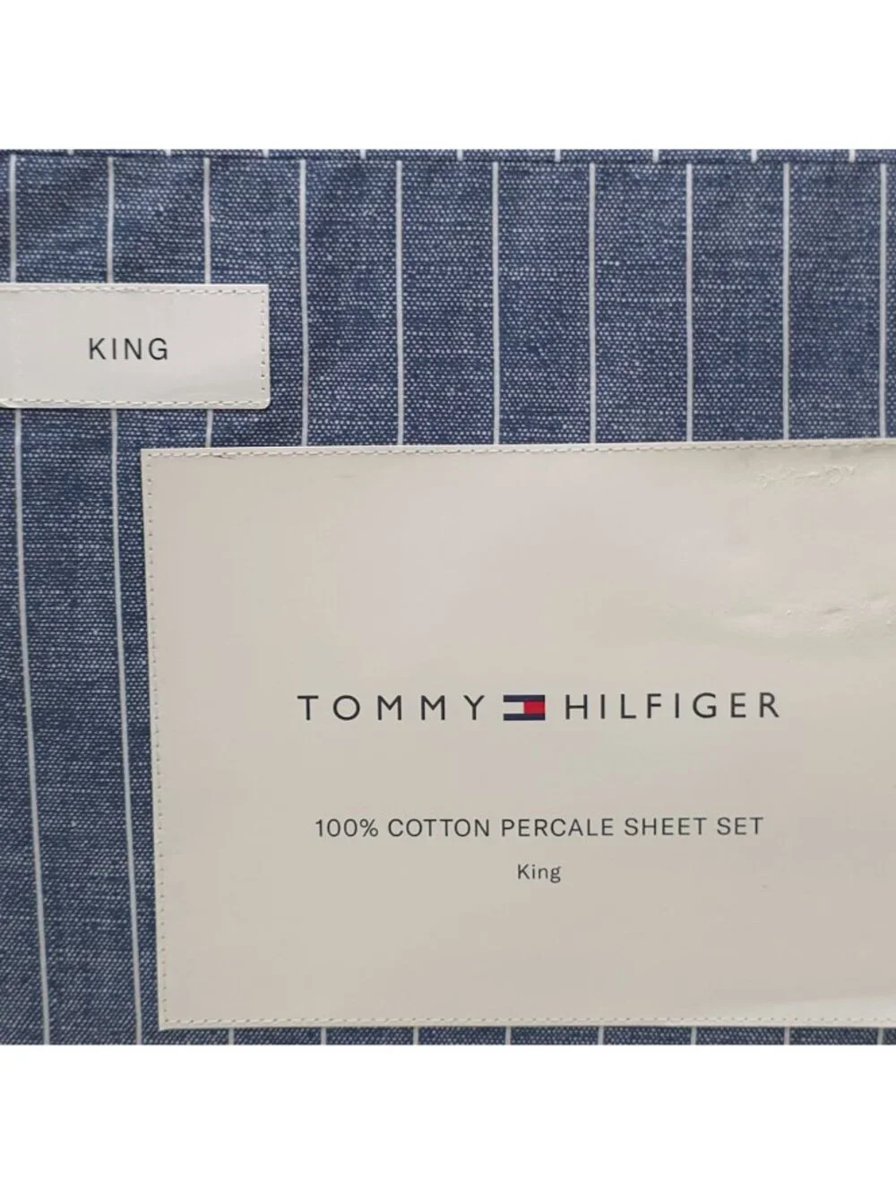 Tommy Hilfiger 100% Cotton Percale King Sheet Set Blue Stripe 4-Piece Denim Blue